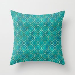 Teal Emerald Golden Moroccan Quatrefoil Pattern II Throw Pillow