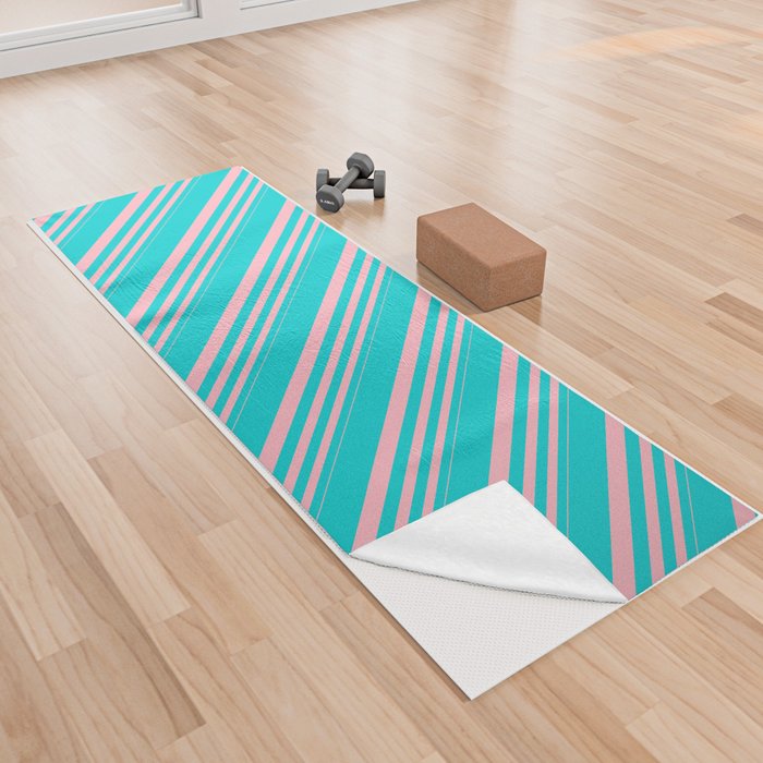 Light Pink & Dark Turquoise Colored Striped Pattern Yoga Towel