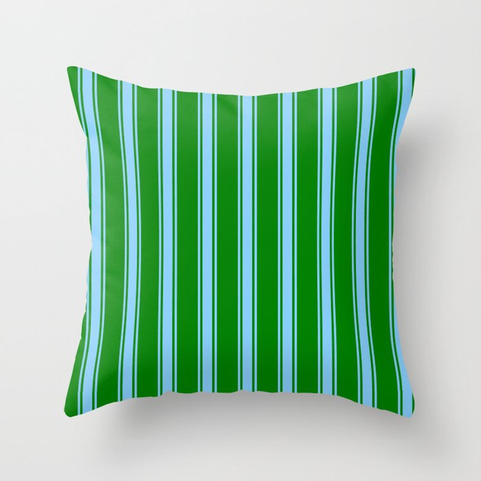 Green and Light Sky Blue Colored Striped Pattern Throw Pillow