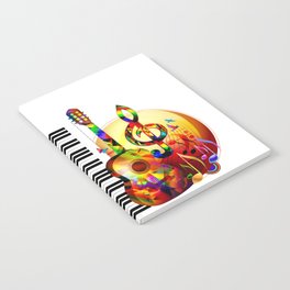 Colorful  music instruments painting, guitar, treble clef, piano, musical notes, flying birds Notebook