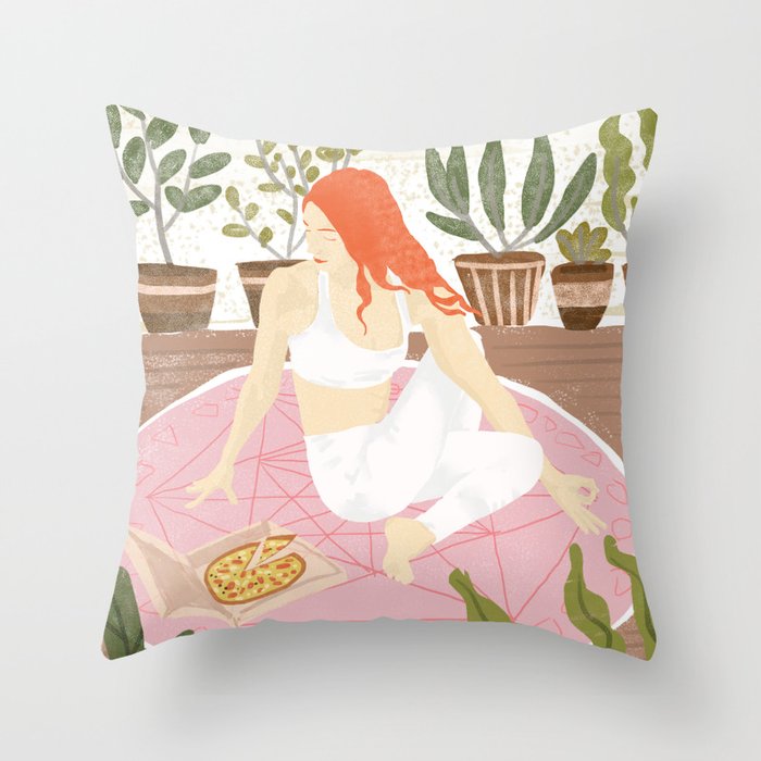 Yoga + Pizza, Red Head Woman Work Out Stay At Home, Ginger Plant Lady Home Decor Food Illustration Throw Pillow