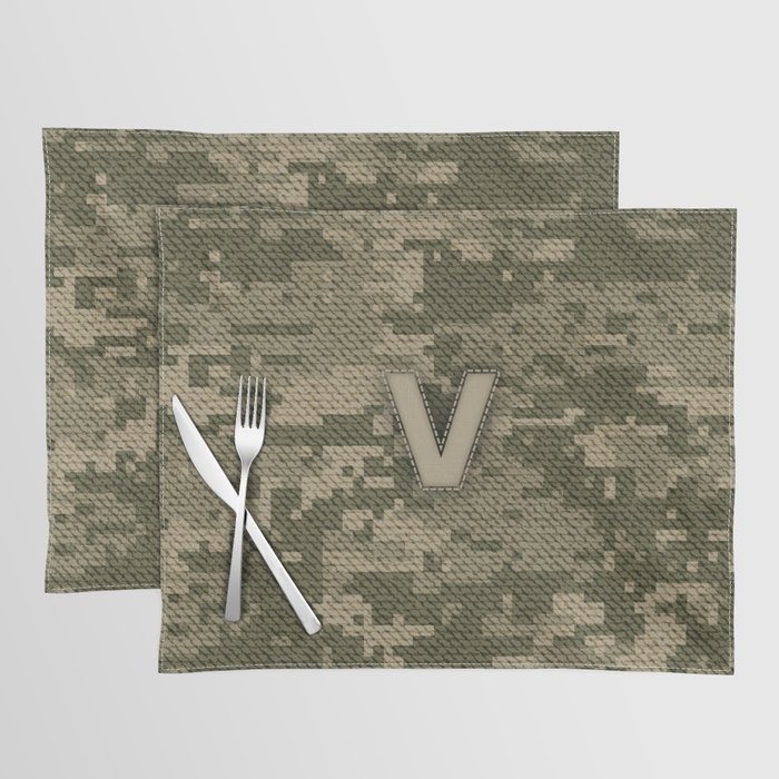 Personalized V Letter on Green Military Camouflage Army Design, Veterans Day Gift / Valentine Gift / Military Anniversary Gift / Army Birthday Gift  Placemat