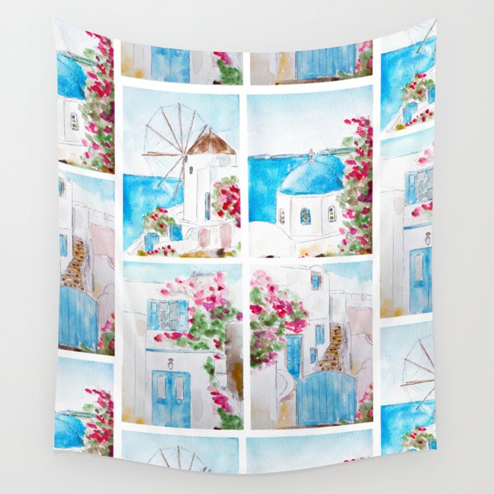 collage of Greece watercolor painting Wall Tapestry