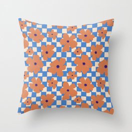 Blue Checkered Retro Flower Throw Pillow