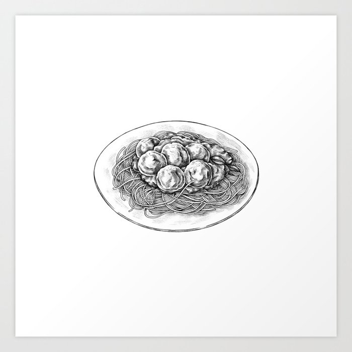 Spaghetti with Meatballs Sketch Art Print by Boomsday | Society6