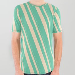 [ Thumbnail: Bisque & Aquamarine Colored Stripes/Lines Pattern All Over Graphic Tee ]