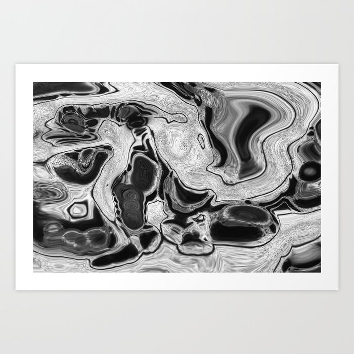 Black and White Digital Fluid Art Swirls and Cells Art Print