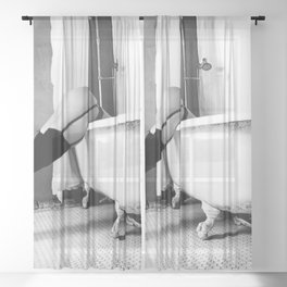 Head Over Heals - Female in Stockings in Vintage Parisian Bathtub black and white photography - photographs wall decor Sheer Curtain | Female, Photo, Art, Garterbelt, Stockings, Sexy, Clawfoot, Bathroom, Woman, Boudoir 