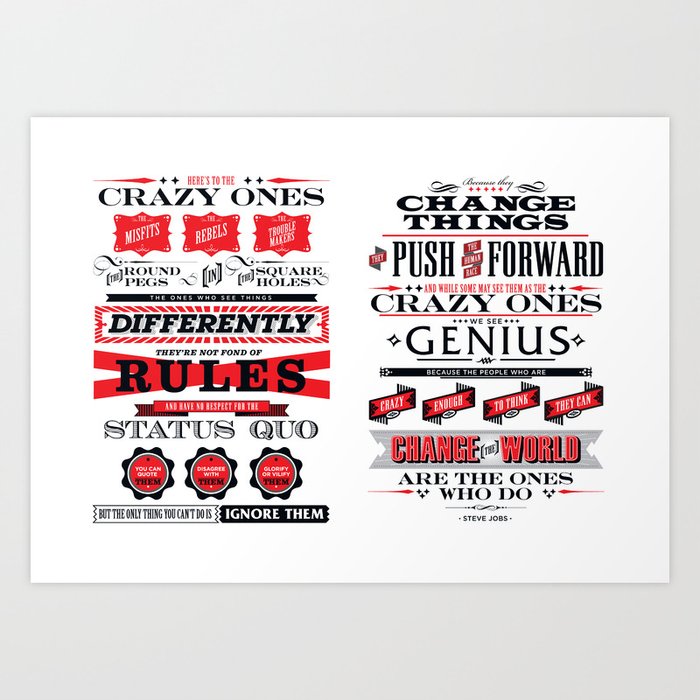 Steve Jobs "Here's to the crazy ones" quote print Art Print