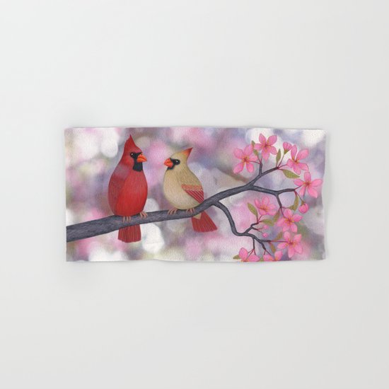 cardinals and crab apple blossoms Hand & Bath Towel