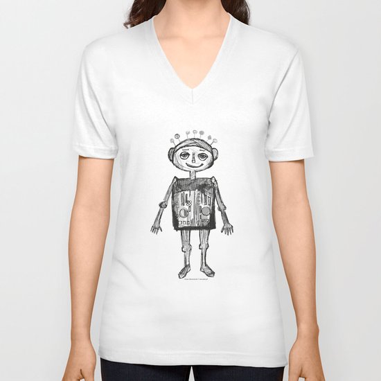Little Robot White And Black Drawing Unisex V Neck By Annasko Society6