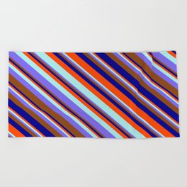 [ Thumbnail: Red, Turquoise, Medium Slate Blue, Brown & Dark Blue Colored Striped/Lined Pattern Beach Towel ]