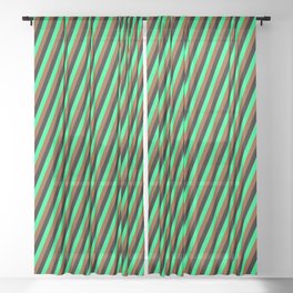 [ Thumbnail: Brown, Black, and Green Colored Lined/Striped Pattern Sheer Curtain ]