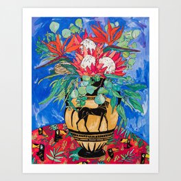Tropical Protea Bouquet with Toucans in Greek Horse Urn on Ultramarine Blue Art Print