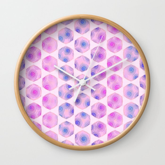 Modern Geometric Hexagons With Swirls Pink Blue Wall Clock