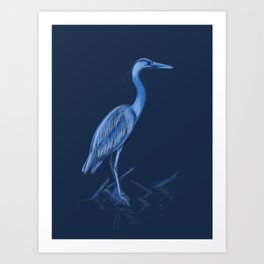 Heron in dark blue Art Print