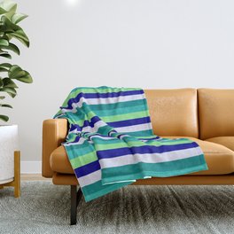 [ Thumbnail: Colorful Light Sea Green, Light Green, Dark Blue, Lavender, and Teal Colored Stripes/Lines Pattern Throw Blanket ]