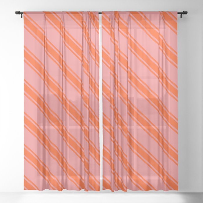 Light Coral and Red Colored Lines/Stripes Pattern Sheer Curtain