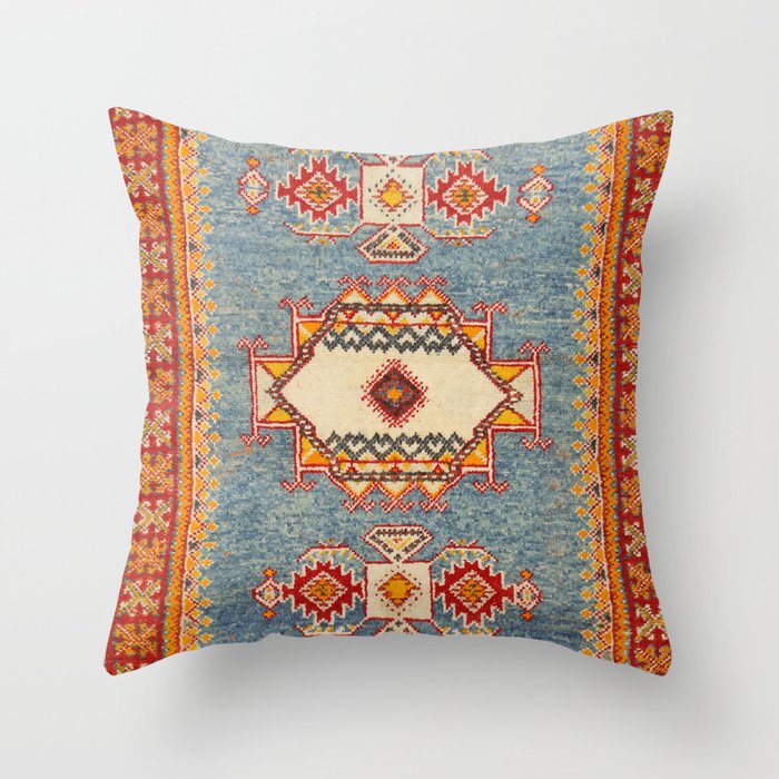 Moroccan 19th Century Authentic Colorful Baby Blue Vintage Patterns Throw Pillow