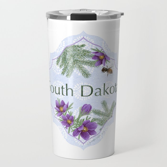 South Dakota Sticker | Vinyl Artist Designed Illustration Featuring the South Dakota State Flower Tree Insect | SD State Pasque Flower Black Hills Spruce Travel Mug