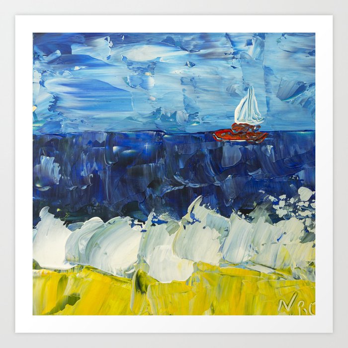 Image of bold and colorful painting of a seascape scene with boat, waves, clouds and sand Art Print