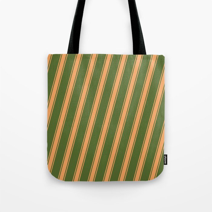 Dark Olive Green & Brown Colored Stripes/Lines Pattern Tote Bag