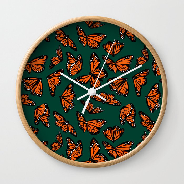 Green Monarch Butterflies Pattern Wall Clock