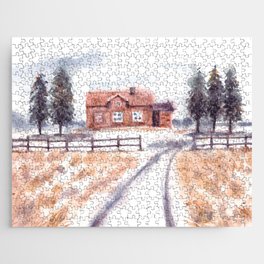 Winter Landscape With House And Pine Trees Watercolor Jigsaw Puzzle