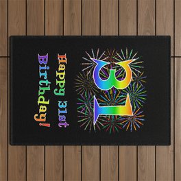 [ Thumbnail: 31st Birthday - Fun Rainbow Spectrum Gradient Pattern Text, Bursting Fireworks Inspired Background Outdoor Rug ]