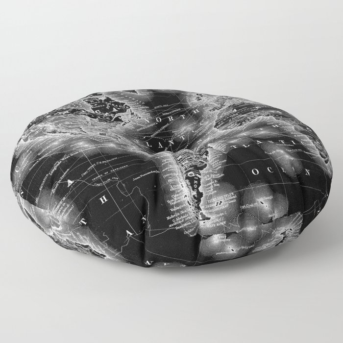 Black and White World Map (1864) Inverse Floor Pillow