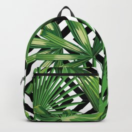 Vintage summer exotic jungle plant, tropical palm leaves. Floral vector on the black and white geometric background. Nature illustration pattern. Backpack