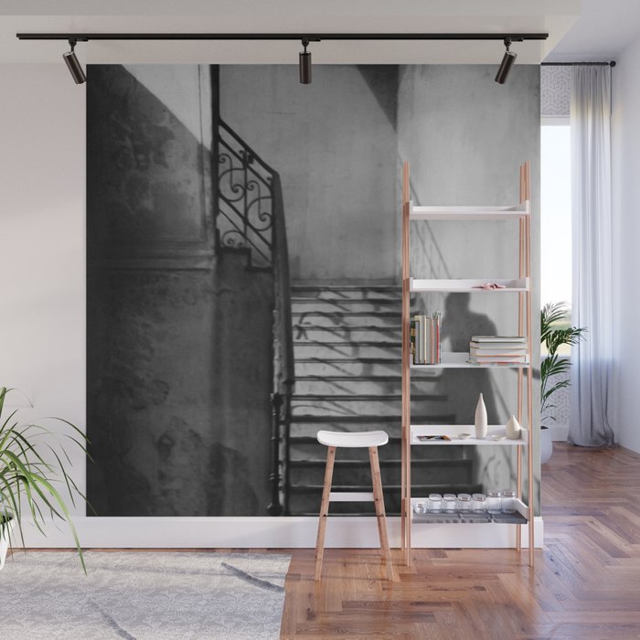 Ghosts and shadows of Paris lonely female shadow figure walking up stairs black and white photograph, photograhy, photographs Wall Mural