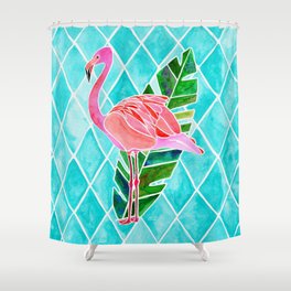 Flamingo and Banana Leaf - Turquoise Diamond Background Shower Curtain