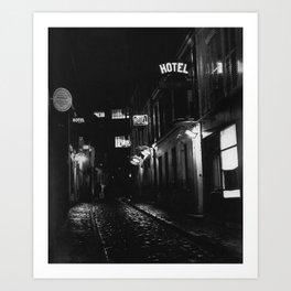 Paris, France city lights, hostel, hotels left bank side streets black and white photograph Art Print