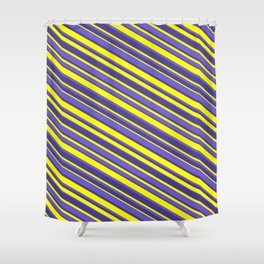 [ Thumbnail: Yellow, Slate Blue, and Dark Slate Blue Colored Lined/Striped Pattern Shower Curtain ]