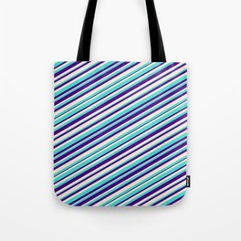 [ Thumbnail: Turquoise, Indigo, and Beige Colored Lines/Stripes Pattern Tote Bag ]