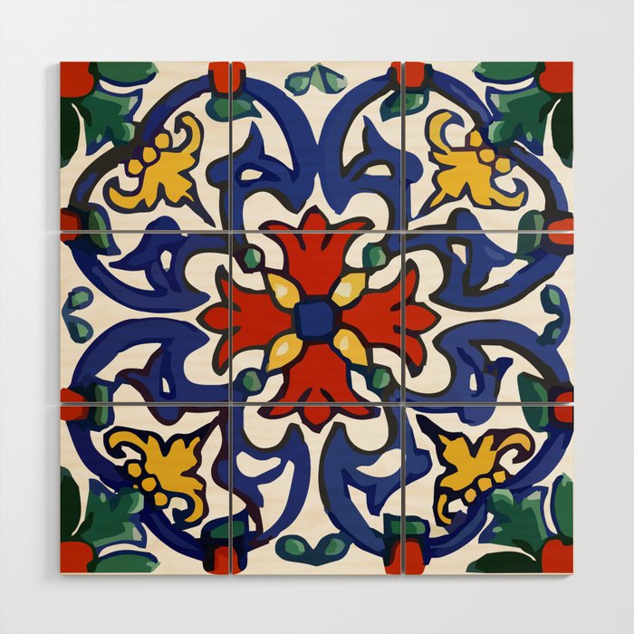 Talavera Mexican tile inspired bold design in blue, green, red, orange Wood Wall Art
