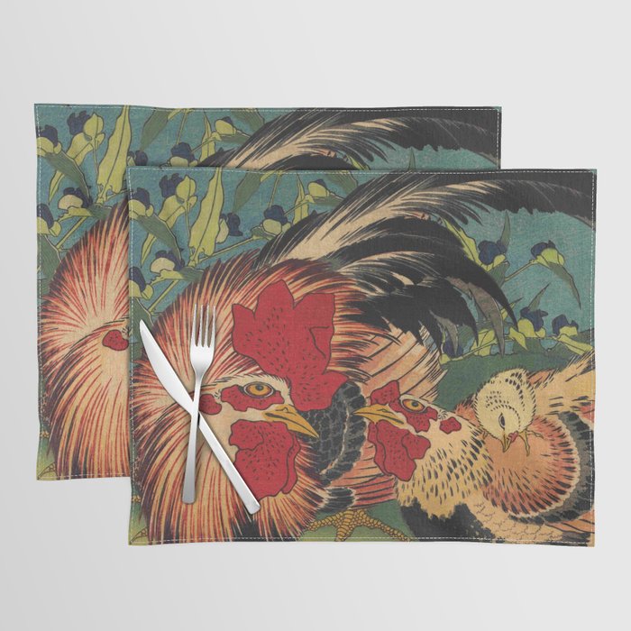 Hokusai, Rooster,Hen and Chicken with Spiderwort Placemat by oldking