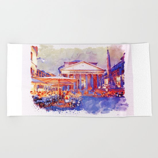 The Pantheon Rome Watercolor Streetscape Beach Towel
