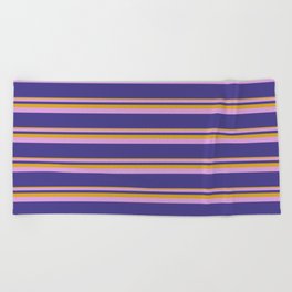 [ Thumbnail: Goldenrod, Plum, and Dark Slate Blue Colored Lines Pattern Beach Towel ]
