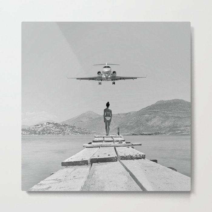 Steady As She Goes; aircraft coming in for an island landing black and white photography- photographs Metal Print