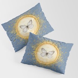 Hand-Drawn Butterfly Gold Circle Pendant on Slate Blue Pillow Sham