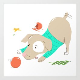 A Dog Playing With Christmas Ornaments Art Print