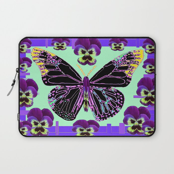  Black Butterfly Jade Green with Purple Violas Abstract Design Laptop Sleeve