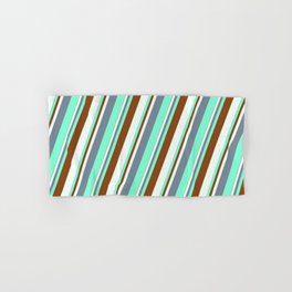 [ Thumbnail: Light Slate Gray, Aquamarine, Brown & Mint Cream Colored Stripes/Lines Pattern Hand & Bath Towel ]