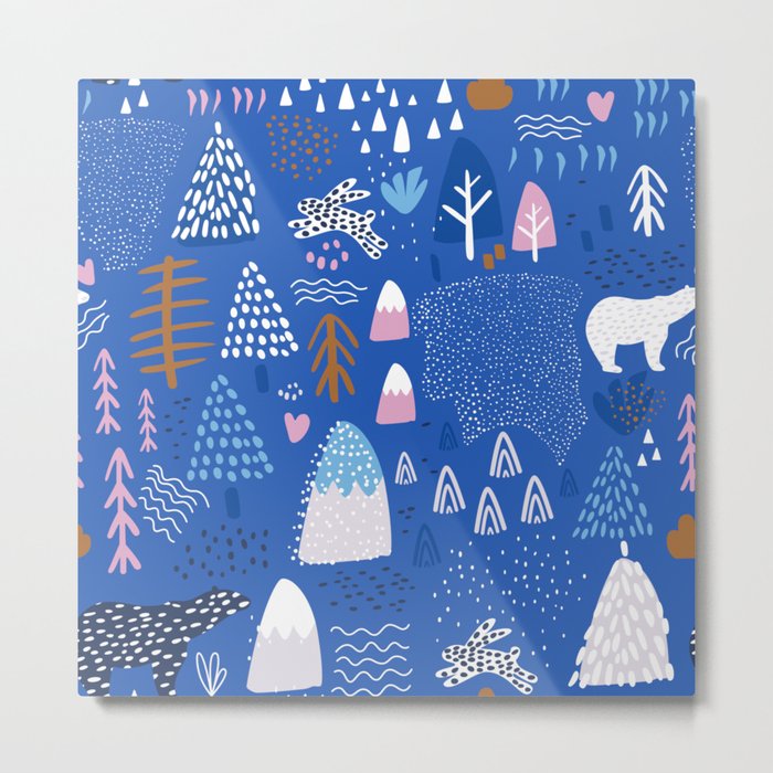 Blue Pink Snowy Happy Winter Forest Bear Bunny Metal Print