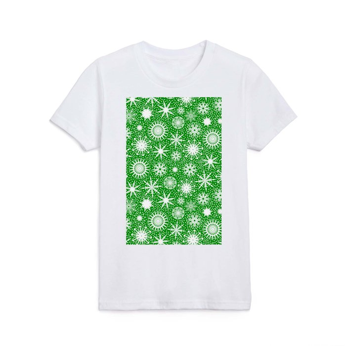 First Snow Fall, Snowflakes Pattern Design on Green Kids T Shirt