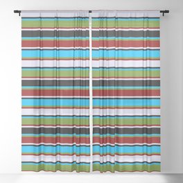 [ Thumbnail: Eyecatching Deep Sky Blue, Green, Dark Red, Lavender, and Black Colored Lines/Stripes Pattern Sheer Curtain ]