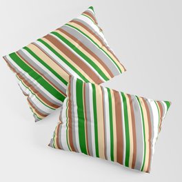 [ Thumbnail: Vibrant Dark Grey, Sienna, Tan, Green & White Colored Lined Pattern Pillow Sham ]