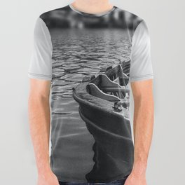 Ships in the blue harbor with seagull portrait black and white photograph / photography All Over Graphic Tee